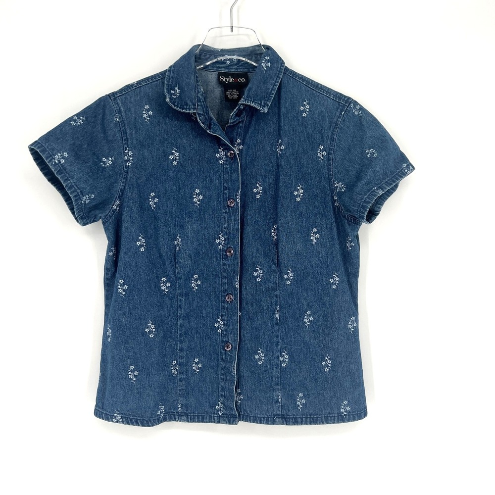 Vtg Style & Co Top Womens 10 Denim Floral‎ Embroidered Cottagecore Y2K Indie 90s